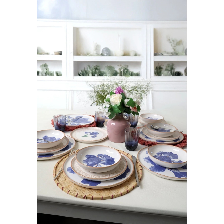 Set de veselă, 18 piese, din ceramică, alb/albastru/bej