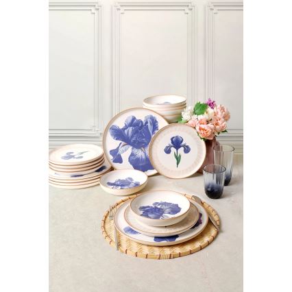 Set de veselă, 18 piese, din ceramică, alb/albastru/bej