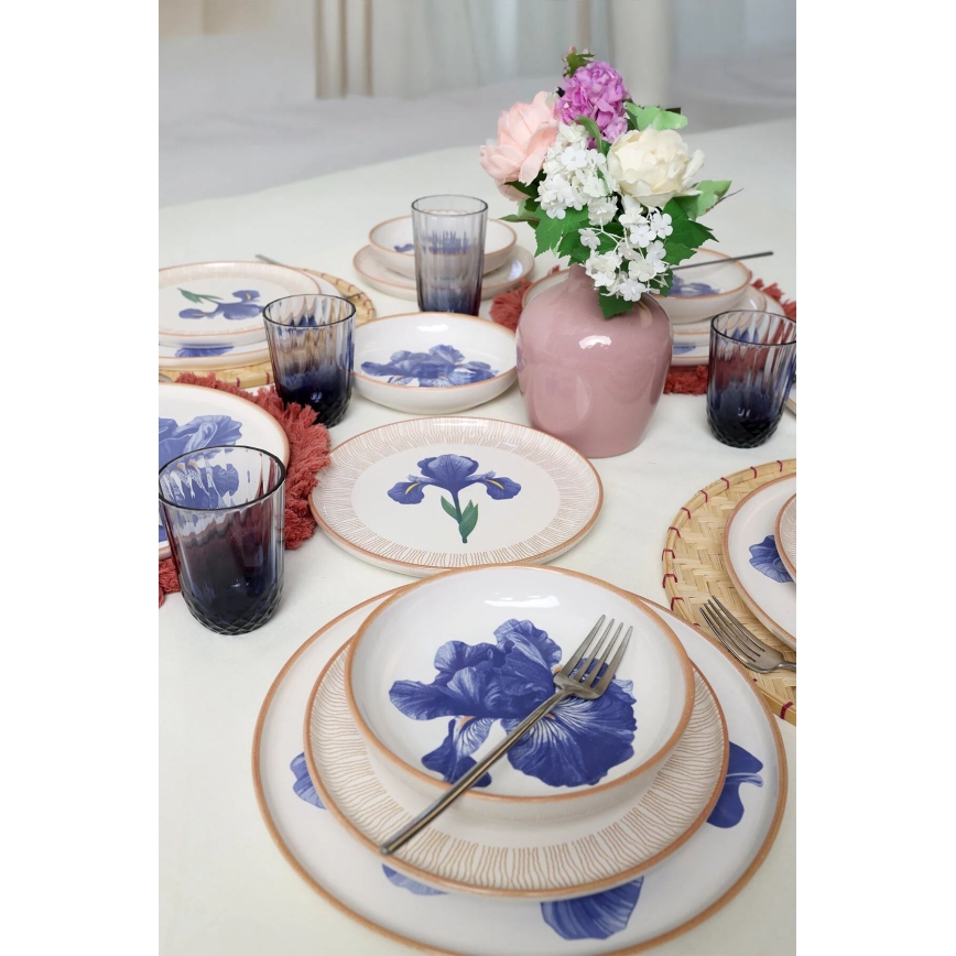 Set de veselă, 18 piese, din ceramică, alb/albastru/bej