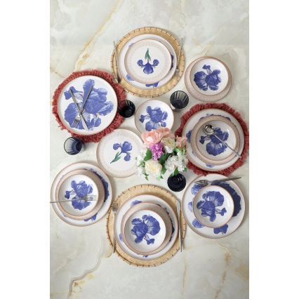 Set de veselă, 18 piese, din ceramică, alb/albastru/bej