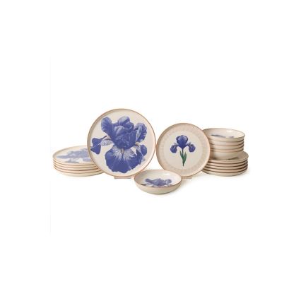 Set de veselă, 18 piese, din ceramică, alb/albastru/bej
