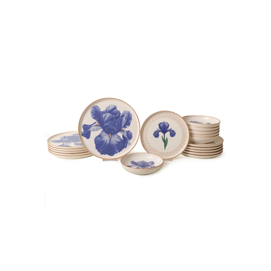 Set de veselă, 18 piese, din ceramică, alb/albastru/bej