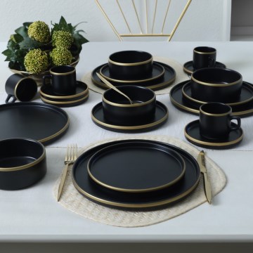 Set de veselă 20 piese — negru/auriu, din ceramică stoneware