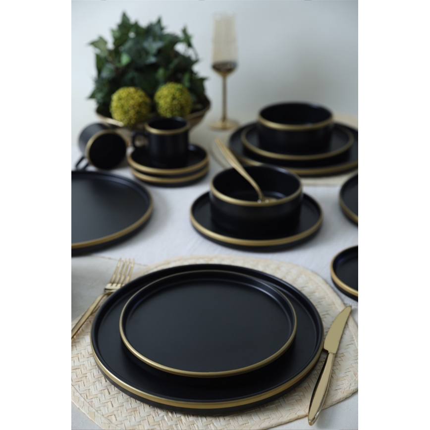 Set de veselă 20 piese — negru/auriu, din ceramică stoneware