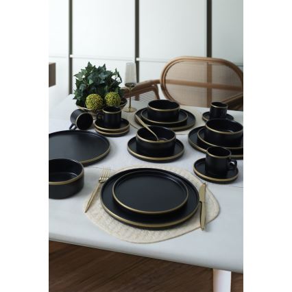 Set de veselă 20 piese — negru/auriu, din ceramică stoneware