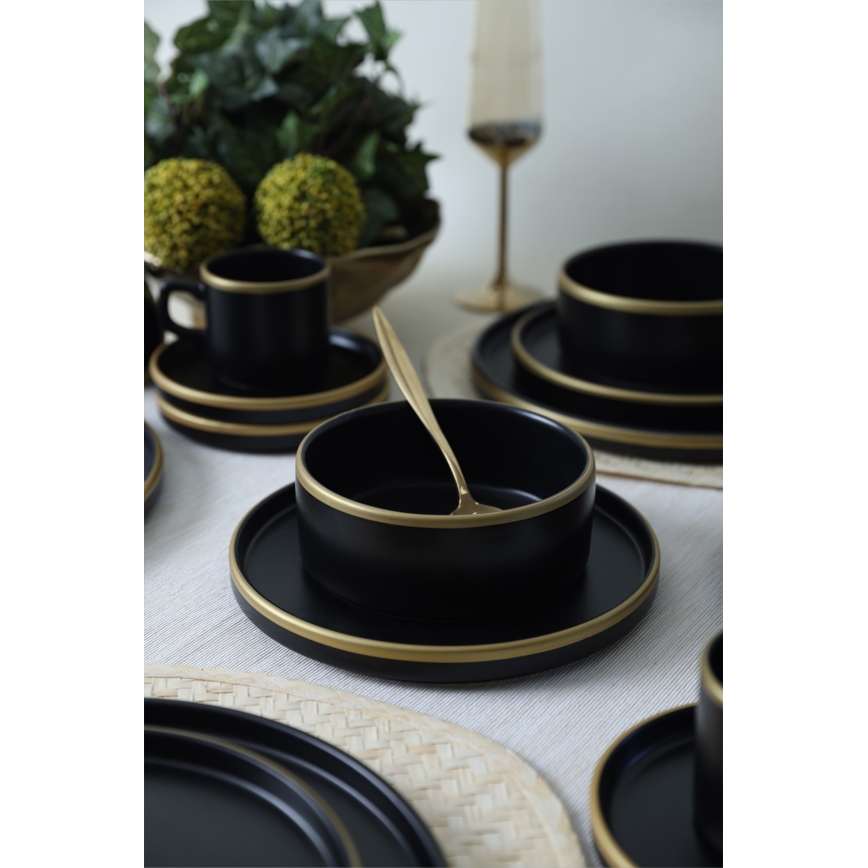 Set de veselă 20 piese — negru/auriu, din ceramică stoneware