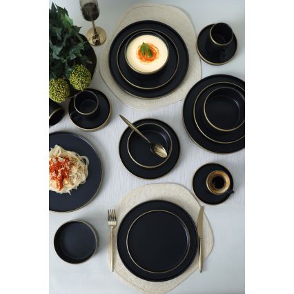 Set de veselă 20 piese — negru/auriu, din ceramică stoneware