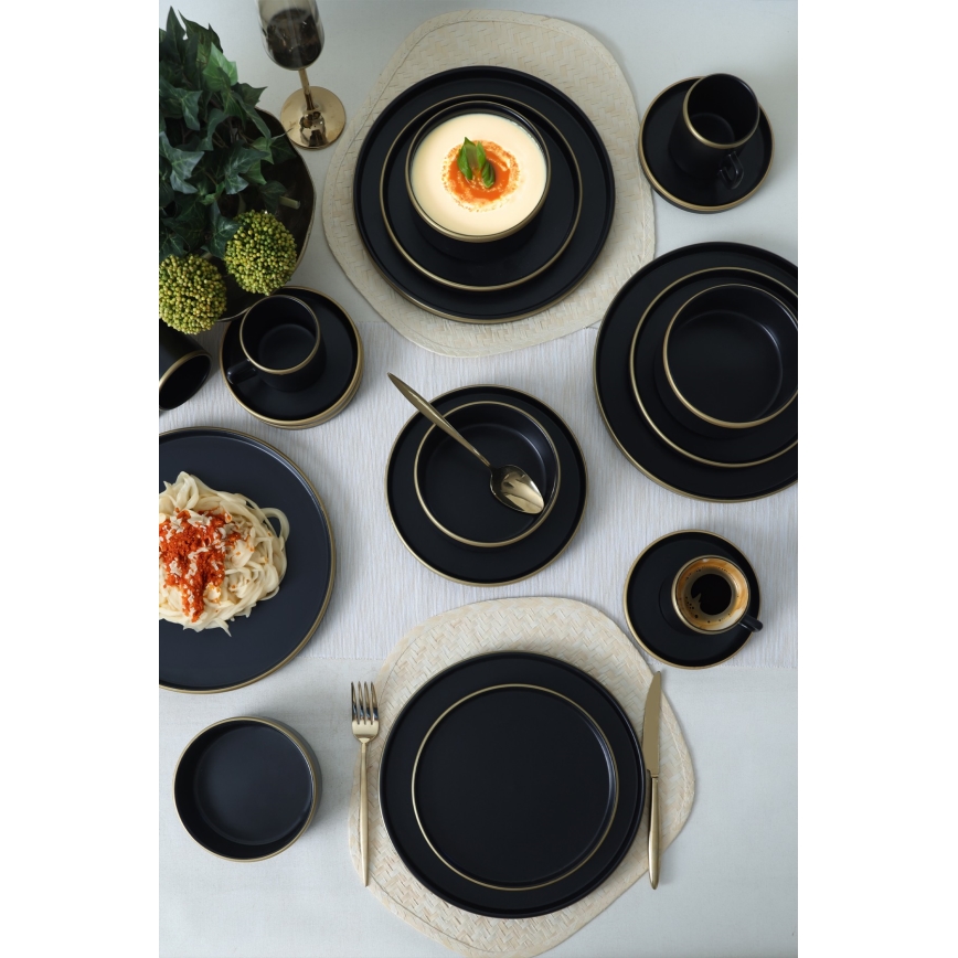 Set de veselă 20 piese — negru/auriu, din ceramică stoneware