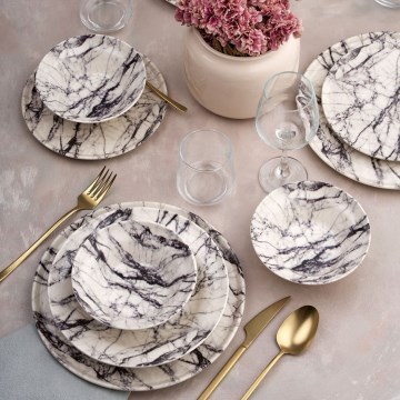 Set de veselă, 24 de piese, alb/negru, din ceramică