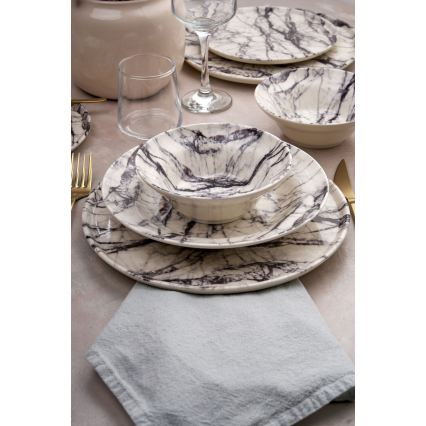 Set de veselă, 24 de piese, alb/negru, din ceramică