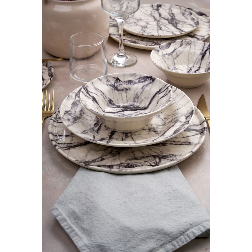 Set de veselă, 24 de piese, alb/negru, din ceramică