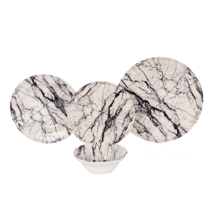 Set de veselă, 24 de piese, alb/negru, din ceramică