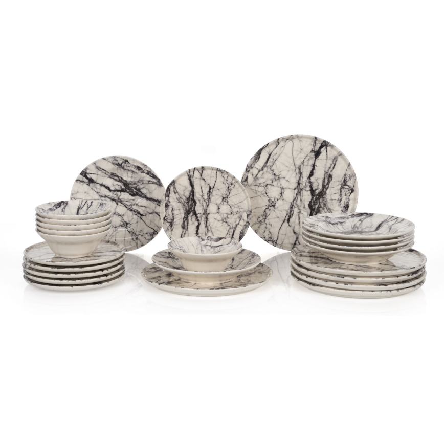 Set de veselă, 24 de piese, alb/negru, din ceramică