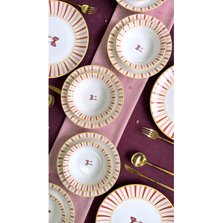 Set de veselă 24 de piese alb/roz/auriu/ceramică