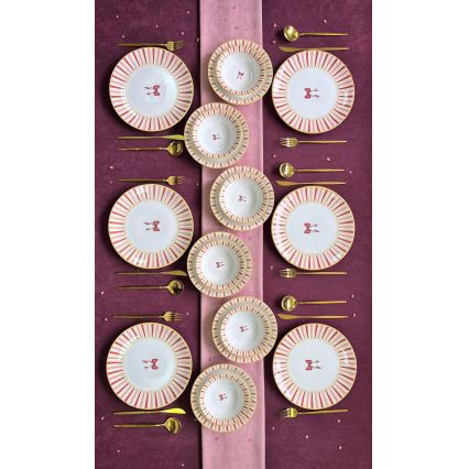 Set de veselă 24 de piese alb/roz/auriu/ceramică