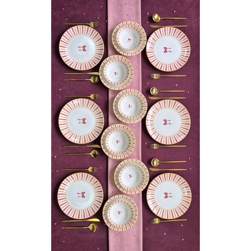 Set de veselă 24 de piese alb/roz/auriu/ceramică