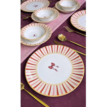 Set de veselă 24 de piese alb/roz/auriu/ceramică