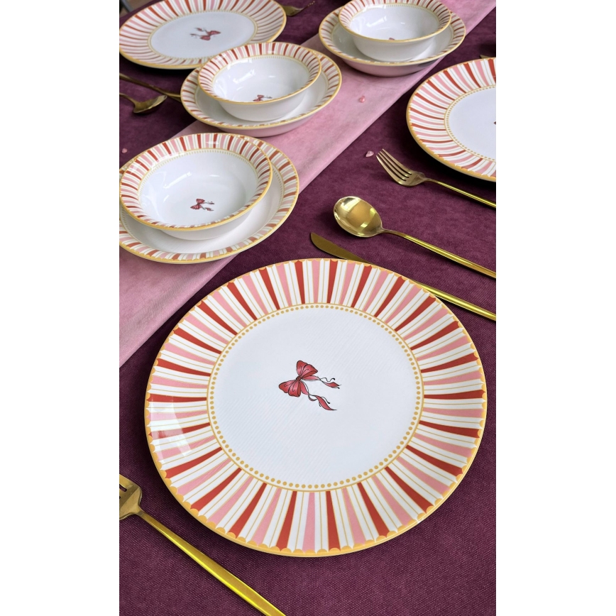 Set de veselă 24 de piese alb/roz/auriu/ceramică