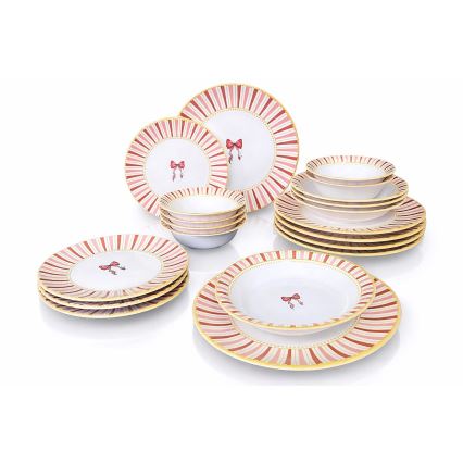Set de veselă 24 de piese alb/roz/auriu/ceramică