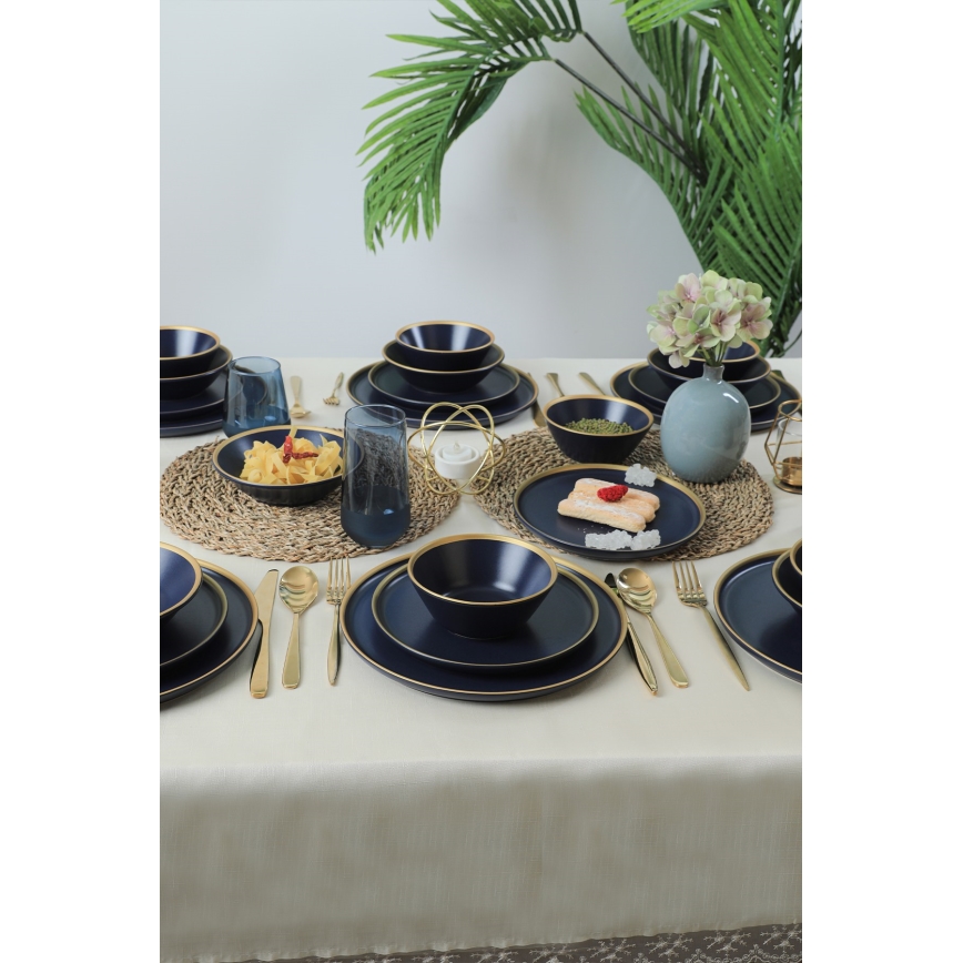 Set de veselă, 24 de piese, albastru/auriu/ceramică