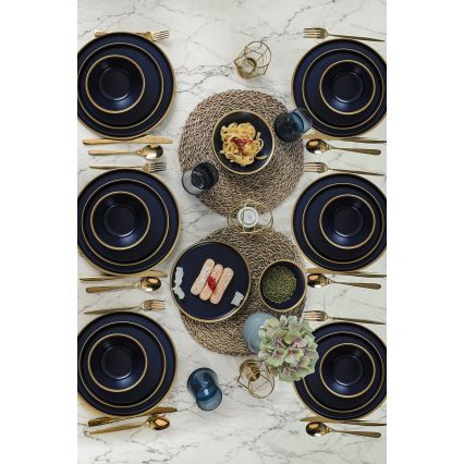 Set de veselă, 24 de piese, albastru/auriu/ceramică