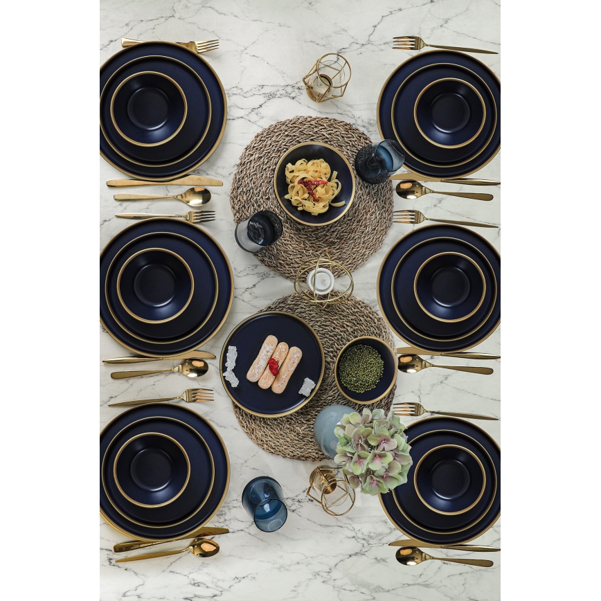 Set de veselă, 24 de piese, albastru/auriu/ceramică