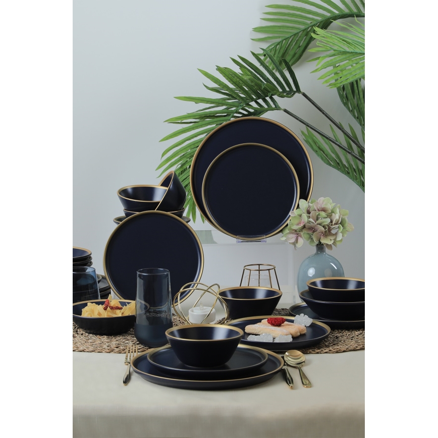 Set de veselă, 24 de piese, albastru/auriu/ceramică