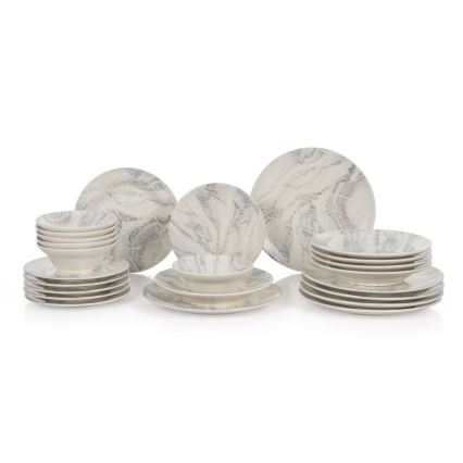 Set de veselă, 24 de piese, ceramică, alb/gri