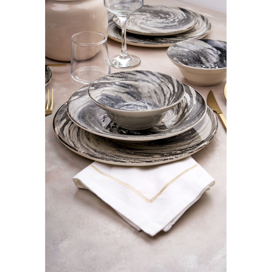 Set de veselă, 24 de piese, negru/bej, ceramică