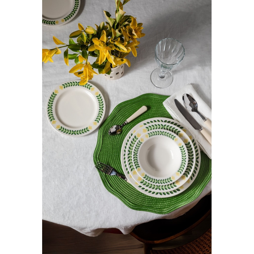 Set de veselă, 24 de piese, porțelan alb/verde/galben