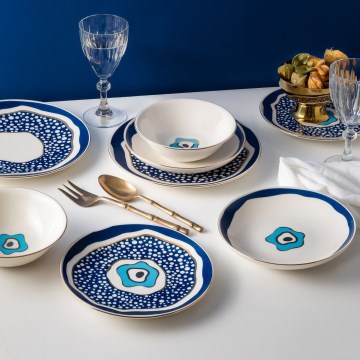 Set de veselă 24 piese alb/albastru/auriu/porțelan