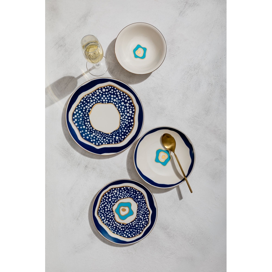 Set de veselă 24 piese alb/albastru/auriu/porțelan
