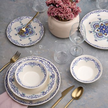 Set de veselă 24 piese alb/albastru/ceramică