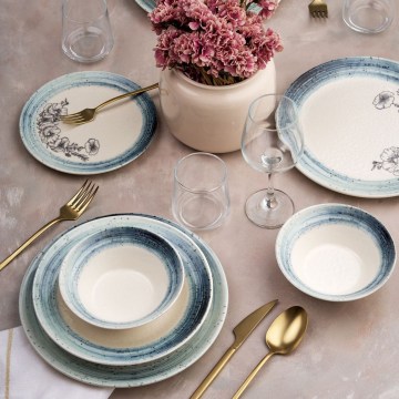 Set de veselă, 24 piese, alb/albastru, din ceramică