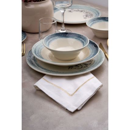 Set de veselă, 24 piese, alb/albastru, din ceramică