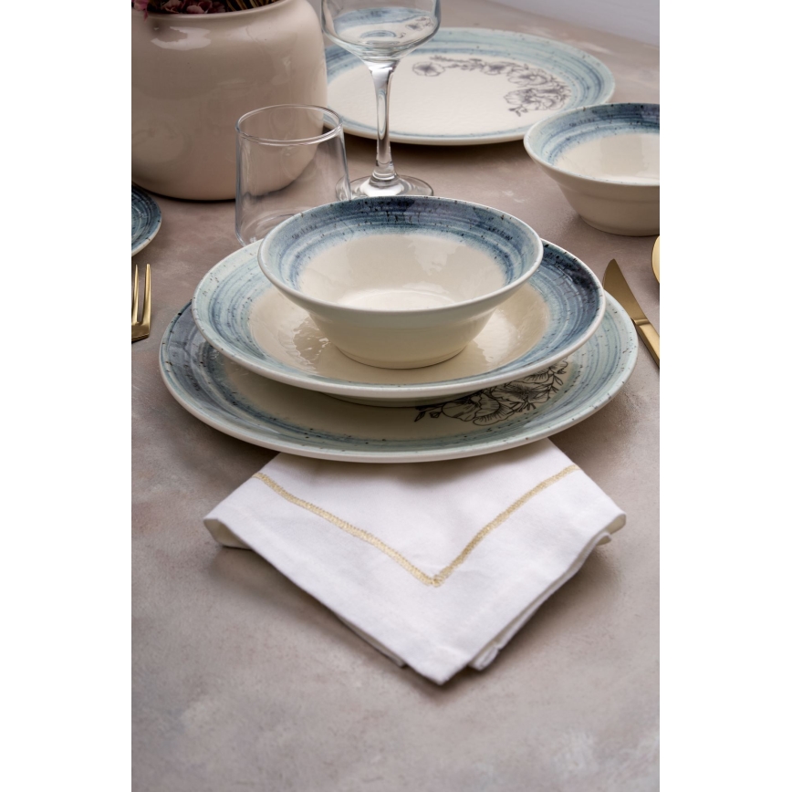 Set de veselă, 24 piese, alb/albastru, din ceramică