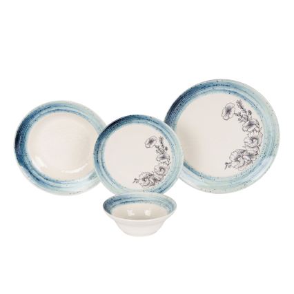 Set de veselă, 24 piese, alb/albastru, din ceramică