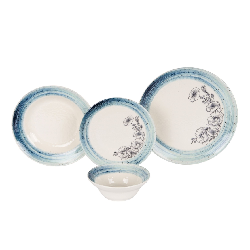 Set de veselă, 24 piese, alb/albastru, din ceramică