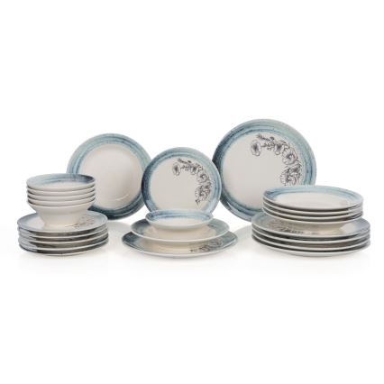 Set de veselă, 24 piese, alb/albastru, din ceramică