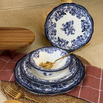 Set de veselă 24 piese alb/albastru/porțelan