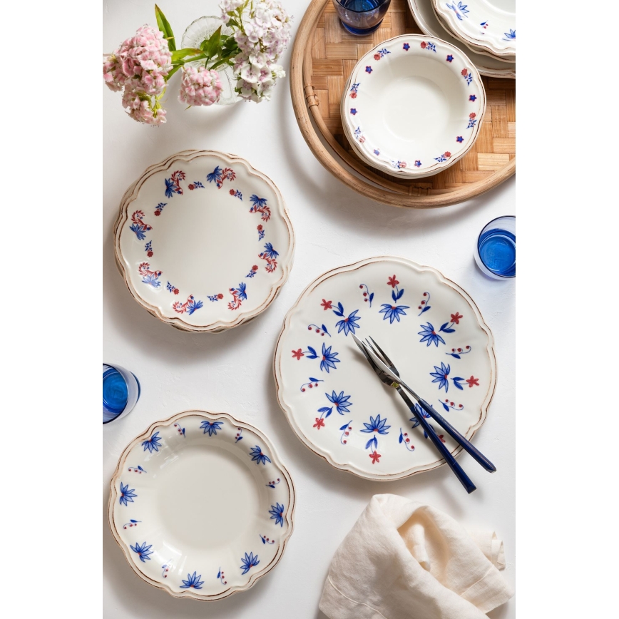 Set de veselă 24 piese alb/albastru/roșu/porțelan