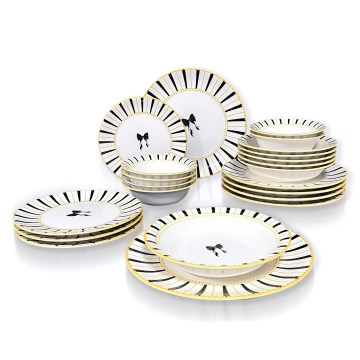 Set de veselă 24 piese alb/negru/auriu/ceramică