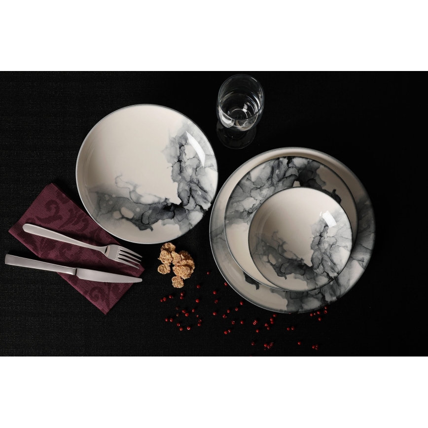 Set de veselă, 24 piese, alb/negru, porțelan