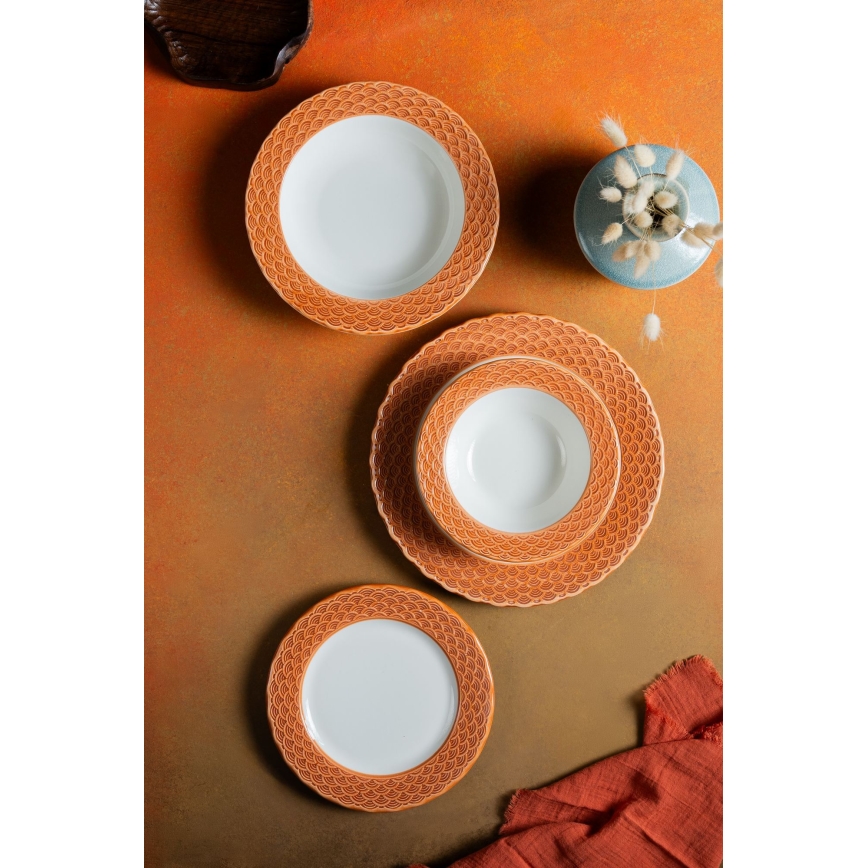 Set de veselă, 24 piese, alb/portocaliu, porțelan