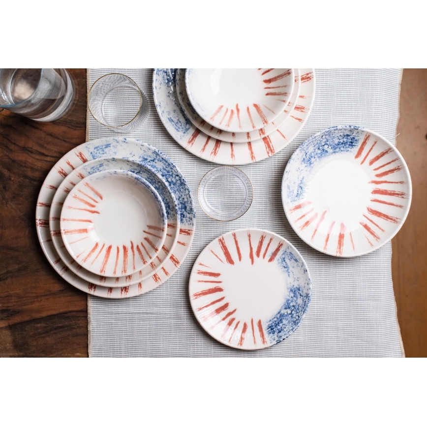 Set de veselă 24 piese alb/roșu/albastru /porțelan