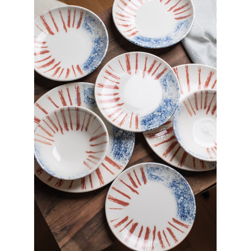 Set de veselă 24 piese alb/roșu/albastru /porțelan