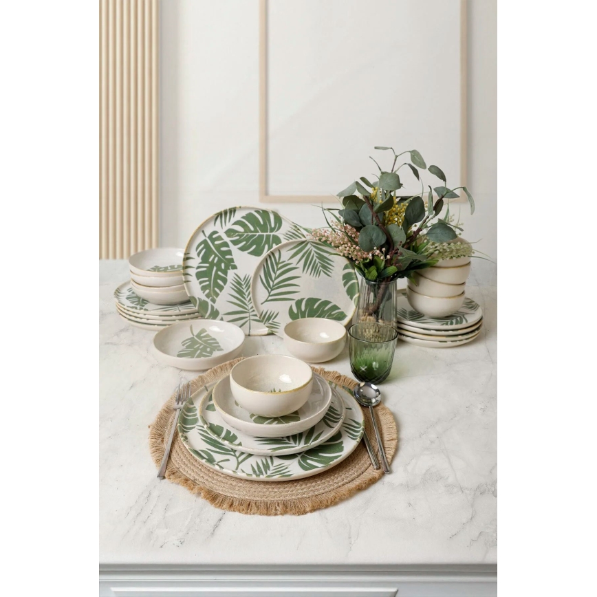 Set de veselă 24 piese alb/verde/ceramică