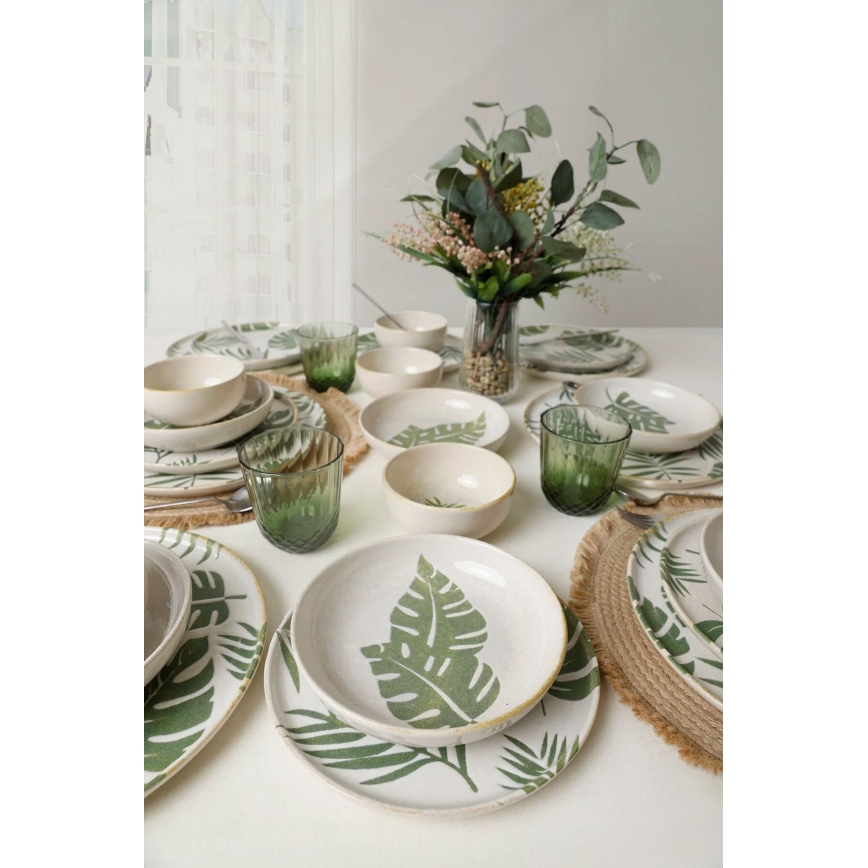 Set de veselă 24 piese alb/verde/ceramică