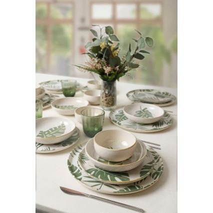 Set de veselă 24 piese alb/verde/ceramică