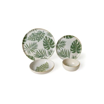 Set de veselă 24 piese alb/verde/ceramică